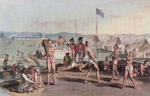 Egy Ukhara kilátással a brit rezidens táborra, az „A Mahratta Camp”-ból, 1813. április 5. (színes metszet)